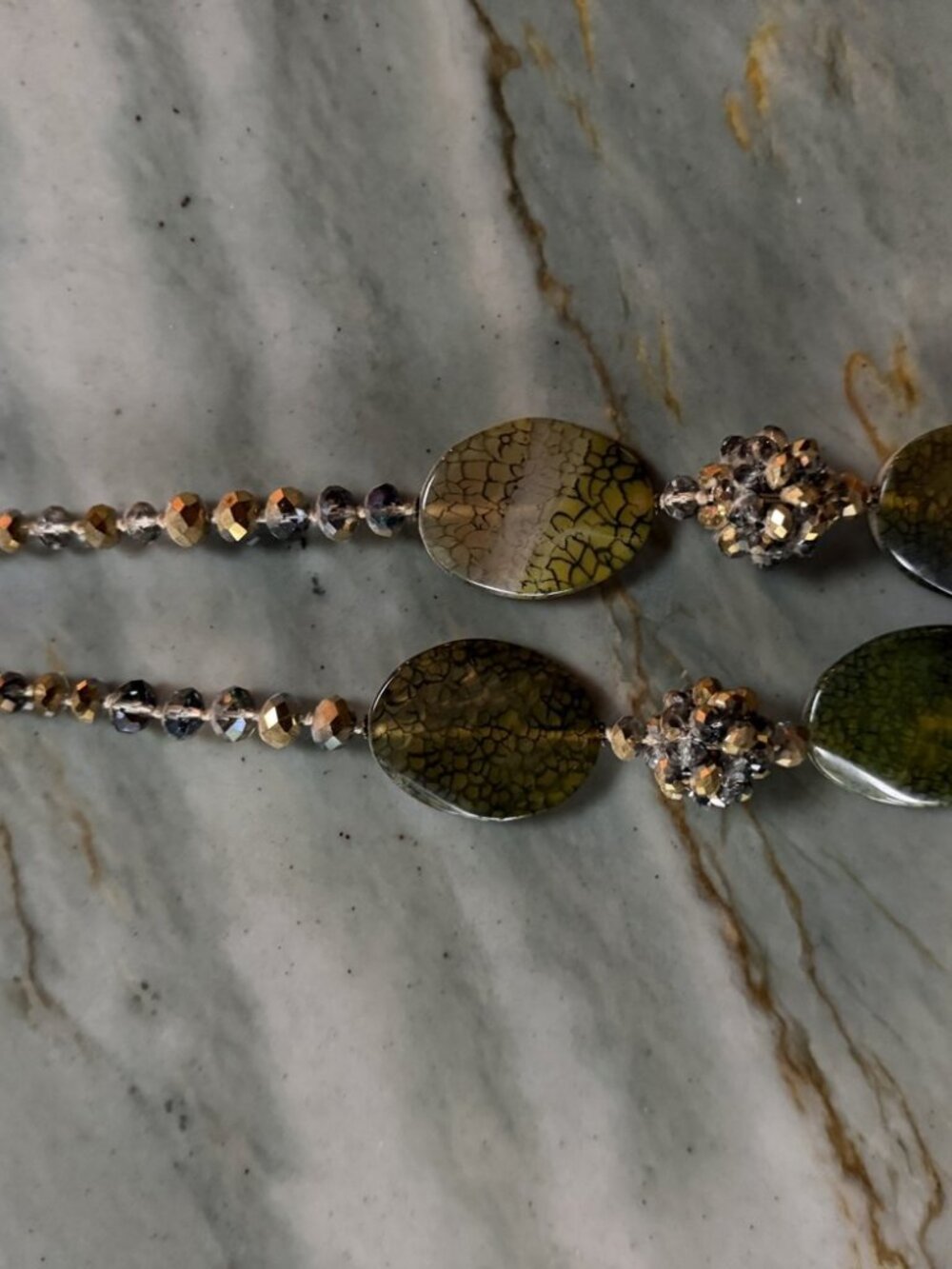 Anthropologie Chunky Green Crackle Bead Station Statement Necklace Bronze Olive